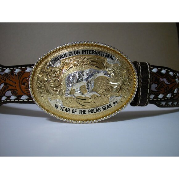 Safari Club International 1994 Belt W/ Gold Buckle & Tooled Leather Design 19 Ye - Picture 1 of 12